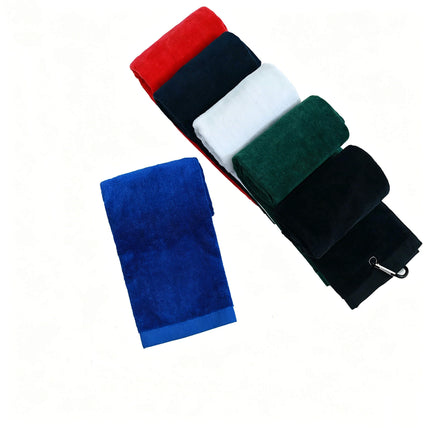 Eliteshine MH-F cotton golf towel in black — trifold layout showing terry loop reverse side with golf ball resting on surface and karabiner clip attached