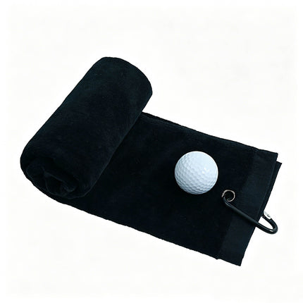 Eliteshine MH-F cotton golf towels in five colours — black, red, white, navy, and blue — folded and arranged on white surface with golf ball prop