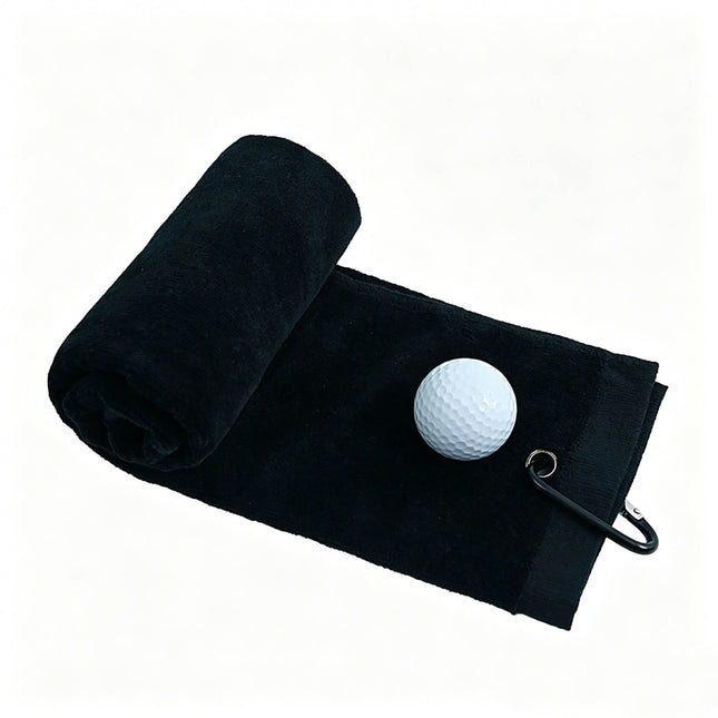 Eliteshine MH-F cotton golf towels in five colours — black, red, white, navy, and blue — folded and arranged on white surface with golf ball prop