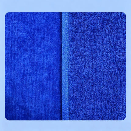 Close-up detail of Eliteshine MH-F cotton golf towel in blue — split view showing smooth velour cut-pile face on left and looped terry cloth reverse on right