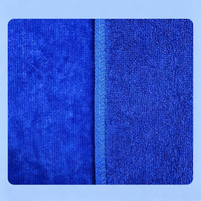Close-up detail of Eliteshine MH-F cotton golf towel in blue — split view showing smooth velour cut-pile face on left and looped terry cloth reverse on right