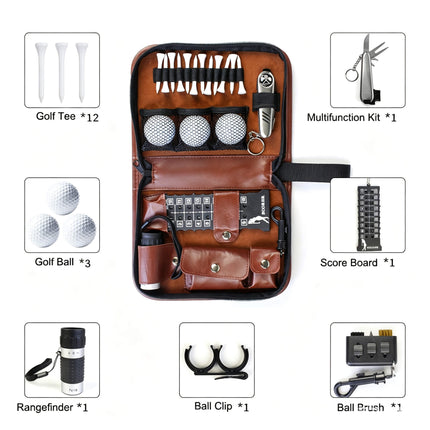 Eliteshine W01 brown PU leather golf pouch open on grass fully loaded with tees, golf balls, rangefinder, scorecard, divot tool and multi-tool