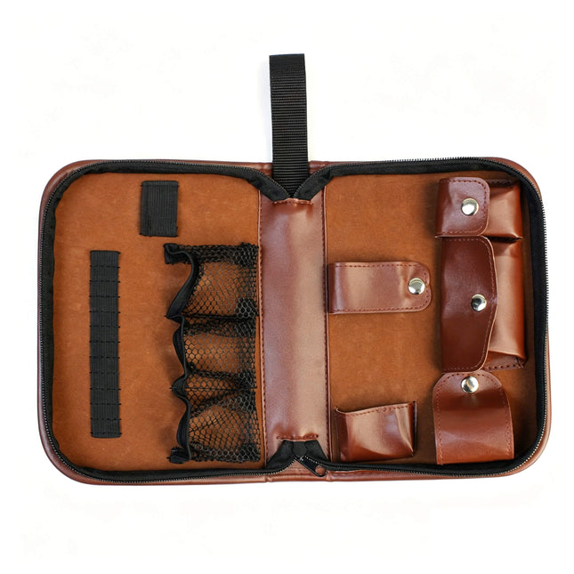 Eliteshine W01 golf accessory pouch open interior view on white background showing elastic tee holders, mesh ball pocket, snap pouches, and tool sleeve