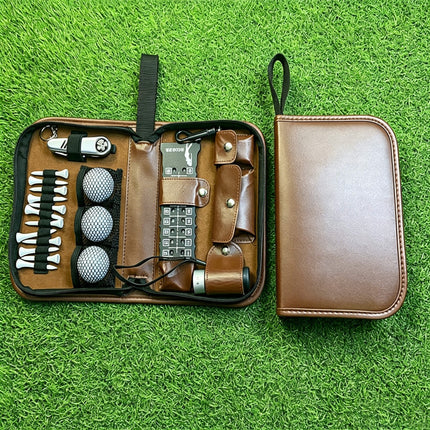 Left angle lifestyle view of Eliteshine W01 golf accessory pouch open on grass showing tee holder and mesh ball pocket side