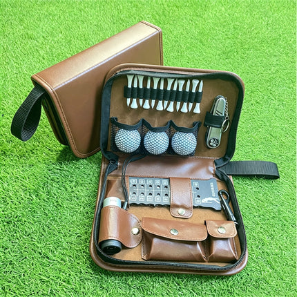 Right angle lifestyle view of Eliteshine W01 golf pouch open on grass showing snap-button accessory pouches and rangefinder sleeve