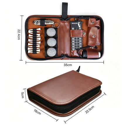 Size diagram of Eliteshine W01 golf accessory pouch: open 35cm × 22.4cm, closed 22.5cm × 16cm × 5cm, with interior layout labeled
