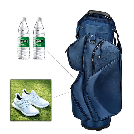 Eliteshine H01 cart golf bag side view with inset showing full 15-slot divider configuration from above