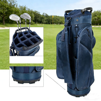 Eliteshine H01 cart golf bag displayed with included accessories — matching navy golf cap and stainless steel divot tool set