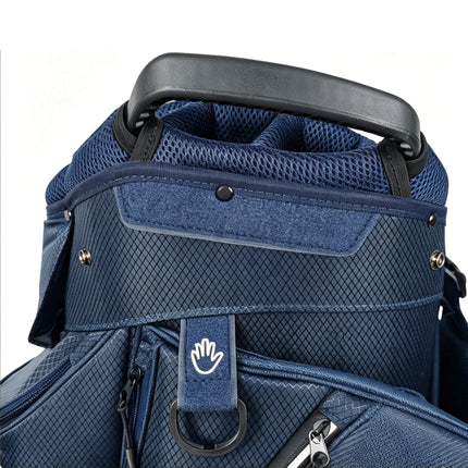 Detail of enhanced metal buckle and strap hardware on Eliteshine H01 golf bag in matte black finish
