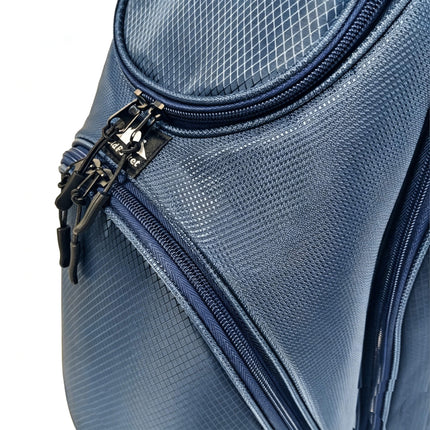 Close-up of heavy-duty dual-pull zipper hardware on Eliteshine H01 golf bag diamond-weave nylon surface
