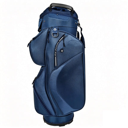 Navy Eliteshine H01 lightweight cart golf bag front view showing multi-pocket layout and diamond-weave waterproof nylon body