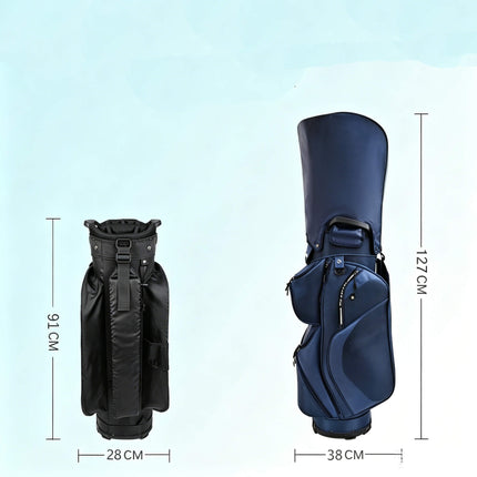 Size comparison of Eliteshine H01 navy cart golf bag (38cm W × 127cm H) alongside compact black model (28cm W × 91cm H)