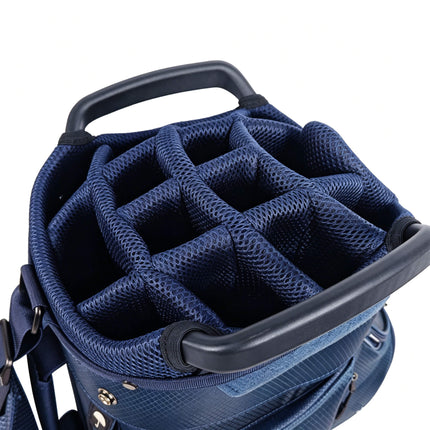 Top-down view of Eliteshine H01 cart golf bag showing 15-way padded mesh divider system and ergonomic carry handle