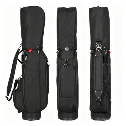 Eliteshine waterproof nylon golf stand bag in black — front, side, and back view with 5-way divider and multiple pockets