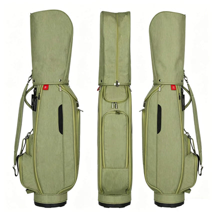 Eliteshine waterproof nylon golf stand bag in olive green — front, side, and back view with 5-way divider and multiple pockets