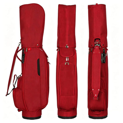 Eliteshine waterproof nylon golf stand bag in red — front, side, and back view with 5-way divider and multiple pockets