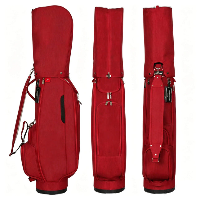 Eliteshine waterproof nylon golf stand bag in red — front, side, and back view with 5-way divider and multiple pockets