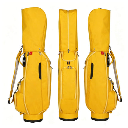 Eliteshine waterproof nylon golf stand bag in yellow — front, side, and back view with 5-way divider and multiple pockets