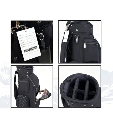 Eliteshine 5-way nylon golf stand bag in black with shoe pocket and multiple zippered pockets, details