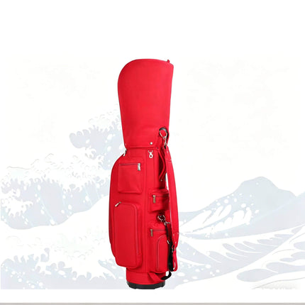 Eliteshine 5-way nylon golf stand bag in red with shoe pocket and multiple zippered pockets, back 