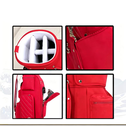 Eliteshine 5-way nylon golf stand bag in red with shoe pocket and multiple zippered pockets, details