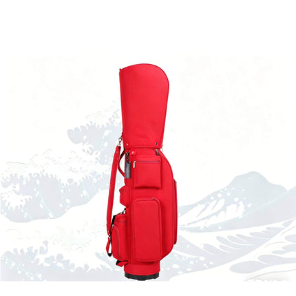 Eliteshine 5-way nylon golf stand bag in red with shoe pocket and multiple zippered pockets, lifestyle