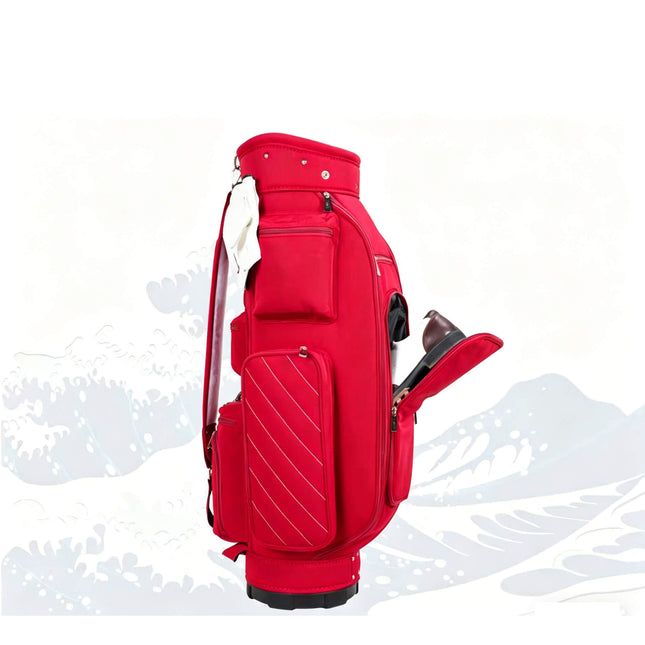 Eliteshine 5-way nylon golf stand bag in red with shoe pocket and multiple zippered pockets