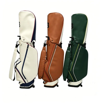 Eliteshine premium PU leather golf stand bag in three colors: ivory white, cognac brown, and forest green