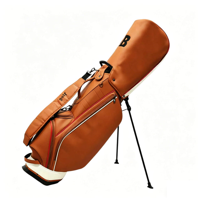 Eliteshine premium PU leather golf stand bag in cognac brown with adjustable shoulder strap and 6-way club divider
