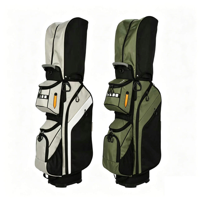 Eliteshine 14-way waterproof nylon golf cart bag in two-tone colorways: silver with black and army green with black