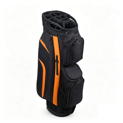 Eliteshine 14-way padded mesh club divider top view of waterproof nylon golf cart bag in black and orange