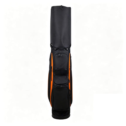 Eliteshine 14-way golf cart bag back view with integrated rain hood in black and orange