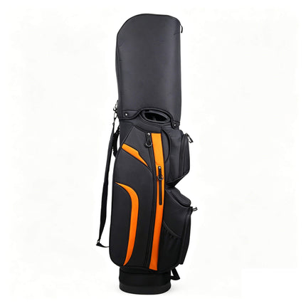 Eliteshine 14-way golf cart bag left side view with integrated rain hood in black and orange