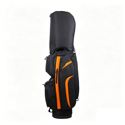 Eliteshine 14-way golf cart bag right side view with integrated rain hood in black and orange