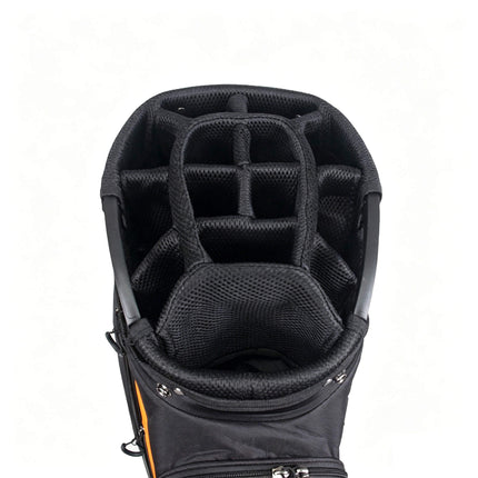 Eliteshine 14-way lightweight waterproof golf cart bag in black with orange accent stripe and multiple zippered pockets