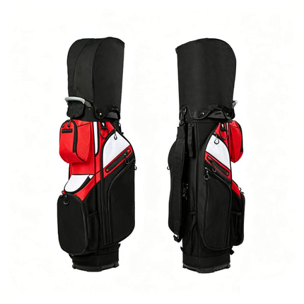 Eliteshine 14-way waterproof polyester golf stand bag front and back view in black, red, and white three-tone design