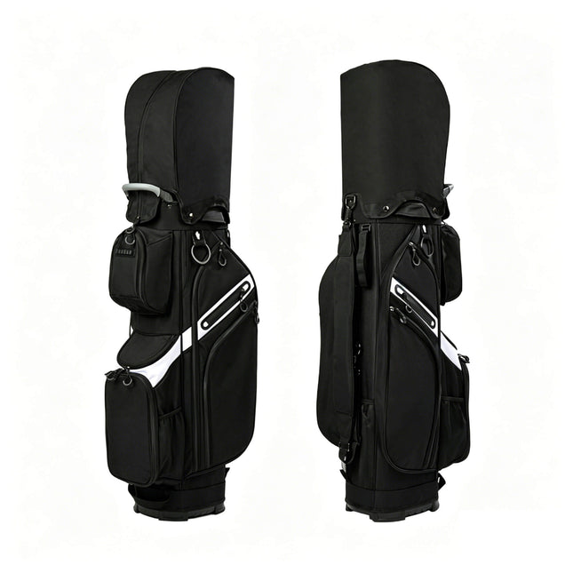 Eliteshine 14-way waterproof polyester golf stand bag front and back view in black and white design