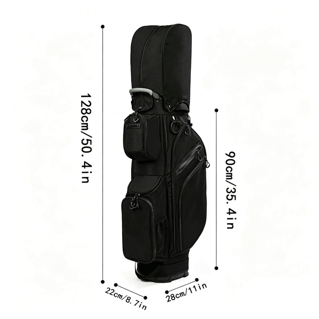 Eliteshine golf stand bag dimensions — 22×28×90cm without hood, 128cm with rain hood extended