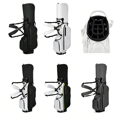 Eliteshine 14-way golf stand bag front view in five colors: white, black, dark gray, white-black two-tone, and black-green two-tone