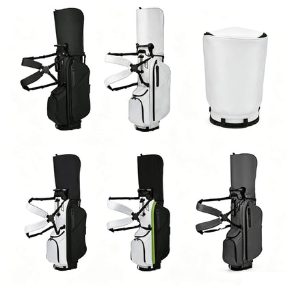Eliteshine 14-way golf stand bag front side view in five colors: white, black, dark gray, white-black two-tone, and black-green two-tone