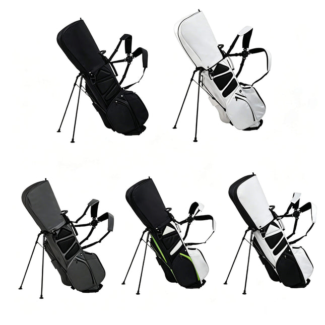 Eliteshine 14-way golf stand bag left side view in five colors: white, black, dark gray, white-black two-tone, and black-green two-tone