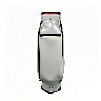 Eliteshine golf staff bag back view in glossy white PU with black and red diagonal stripe and silver hardware