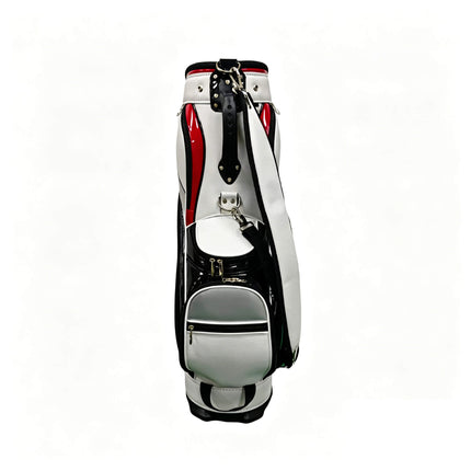 Eliteshine golf staff bag front view in glossy white PU with black and red diagonal stripe, multiple pockets and silver hardware