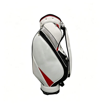 Eliteshine golf staff bag left side view in glossy white PU with black and red diagonal stripe and silver hardware