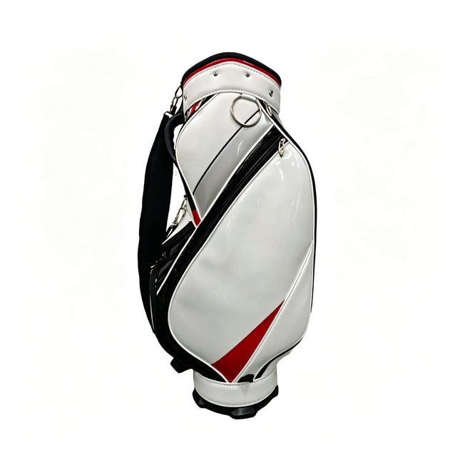 Eliteshine golf staff bag right side view showing single shoulder strap and multiple zippered pockets in white, black and red