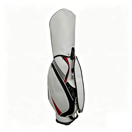 Eliteshine golf staff bag right front view in glossy white PU with black and red diagonal stripe and silver hardware