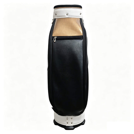 Eliteshine golf staff bag back view showing zippered pockets in black, tripping in white and gold