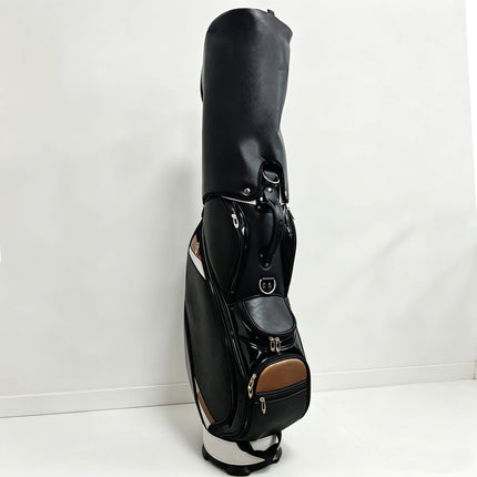 Eliteshine golf staff bag right front view showing single shoulder strap, multiple zippered pockets in black and gold