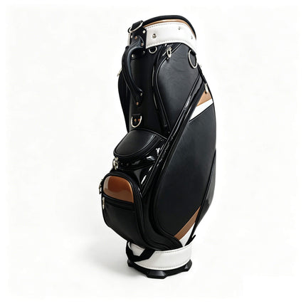 Eliteshine golf staff bag left side view in black PU with gold diagonal stripe accent, white collar and silver hardware