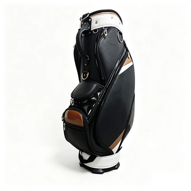 Eliteshine golf staff bag left side view in black PU with gold diagonal stripe accent, white collar and silver hardware